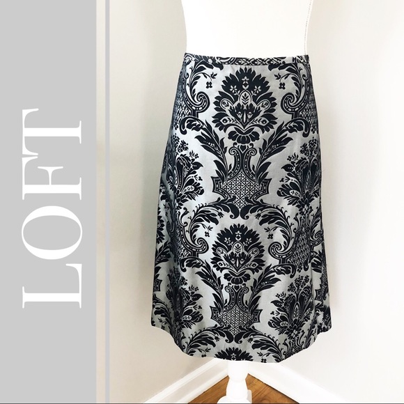 LOFT Silver & Black Metallic Brocade Skirt